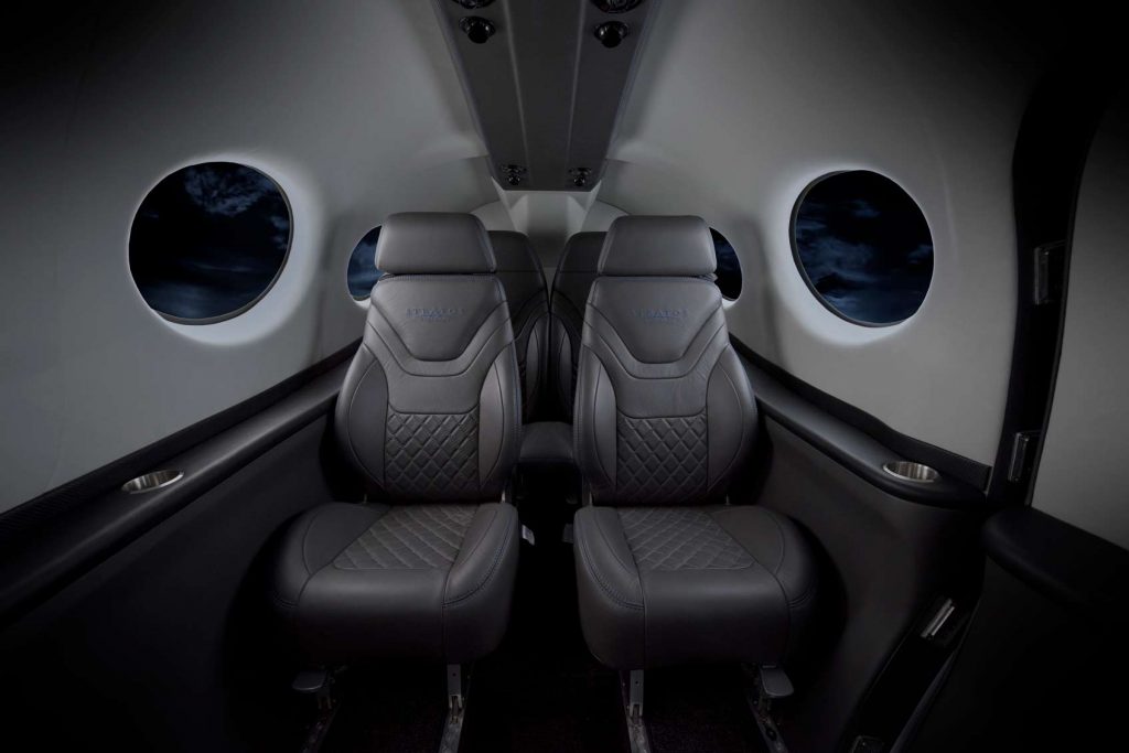 The spacious cabin seats four comfortably, optional seating can accommodate six. Photo Credit: Stratos