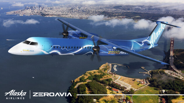 An artist’s rendition of an Alaska Airlines airplane with ZeroAvia’s hydrogen electric powertrain.