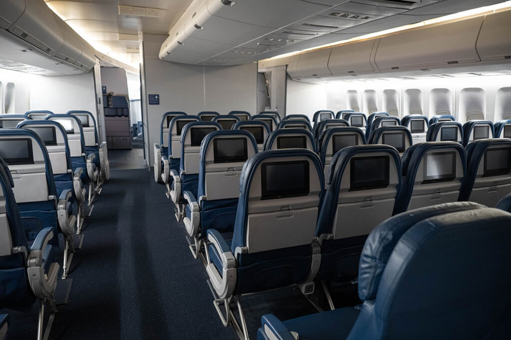 Economy Class seating onboard a Delta Air Lines Boeing 747
