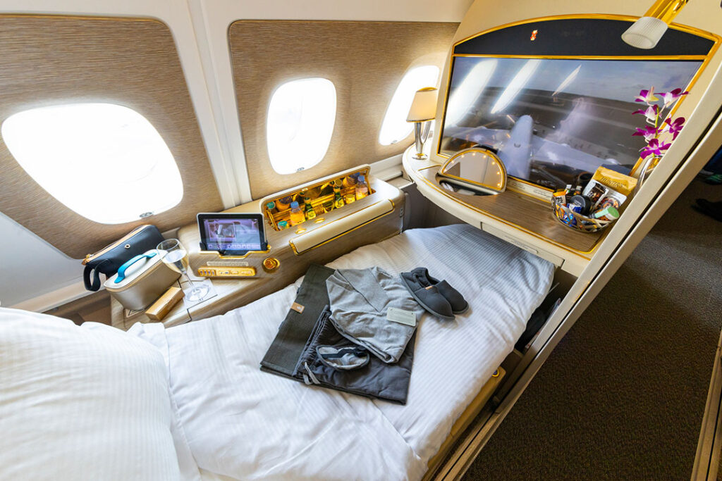 Luxurious travel style onboard of Emirates Airbus A380 in First Class