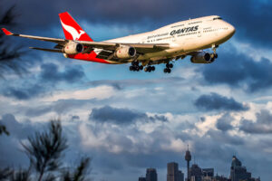Qantas Airlines Boeing 747-400 arriving late afternoon at Kingsford Smith
