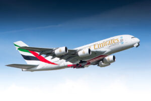 Airbus A380 of Emirates Airline departing Zurich airport