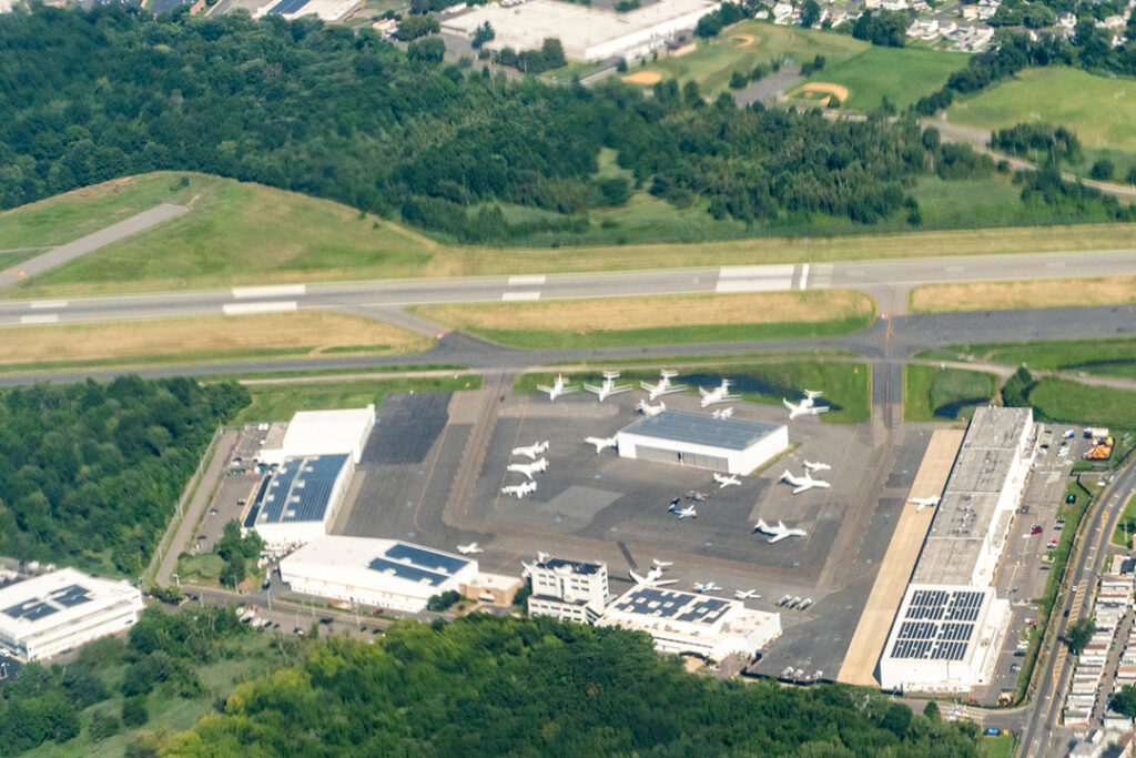 Aerial view of Teterboro Airport in Northern New Jersey. The busiest private airport in the US.