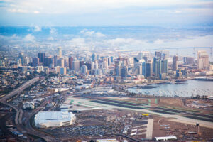 An aerial view of the San Diego skyline and San Diego International Airport