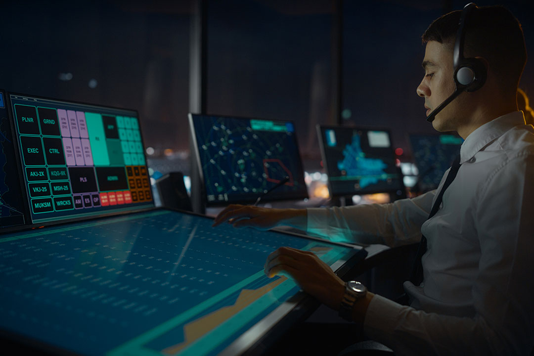 Air Traffic Controller with Headset Talk on a Call in Airport Tower.