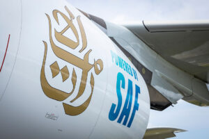 Berlin, Germany - June 7, 2024: Emirates Airlines A380 jet engine with SAF logo. Sustainable Aviation Fuel. | Photo: Photofex_AUT / Shutterstock.com