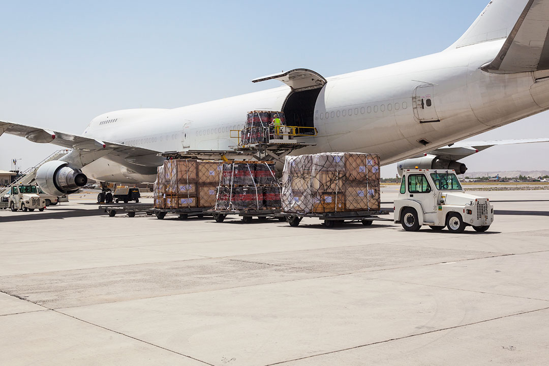 A Boeing 747 Cargo aircraft being loaded with relief supplies.