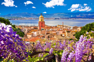 Saint Tropez village church tower and old rooftops view, Cote d Azur