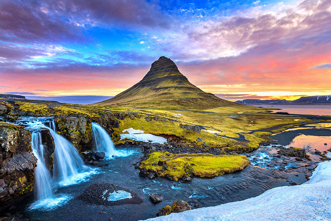 Kirkjufell at sunrise in Iceland.