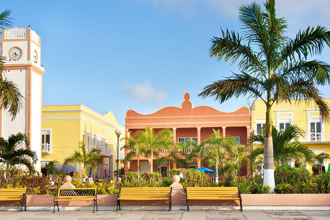he clock Tower and town square, the Plaza del Sol, San Miguel of Cozumel, Mexico. 